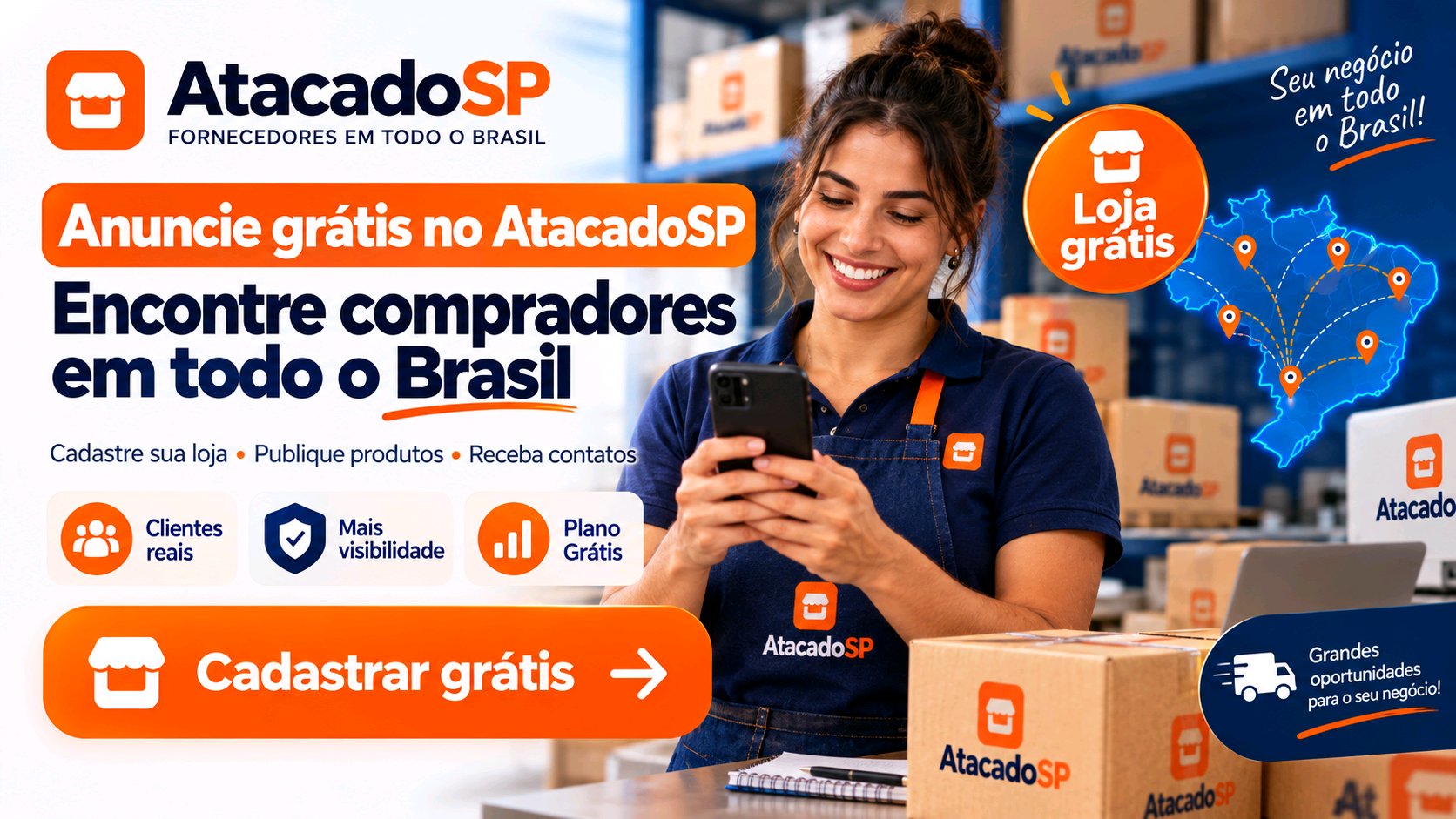 Anuncie grátis no AtacadoSP — encontre compradores em todo o Brasil