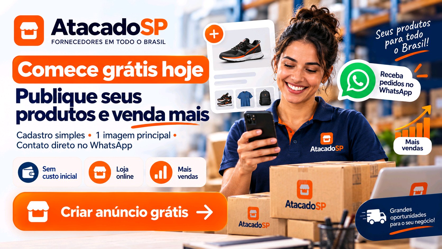 Comece grátis hoje — publique seus produtos no atacado