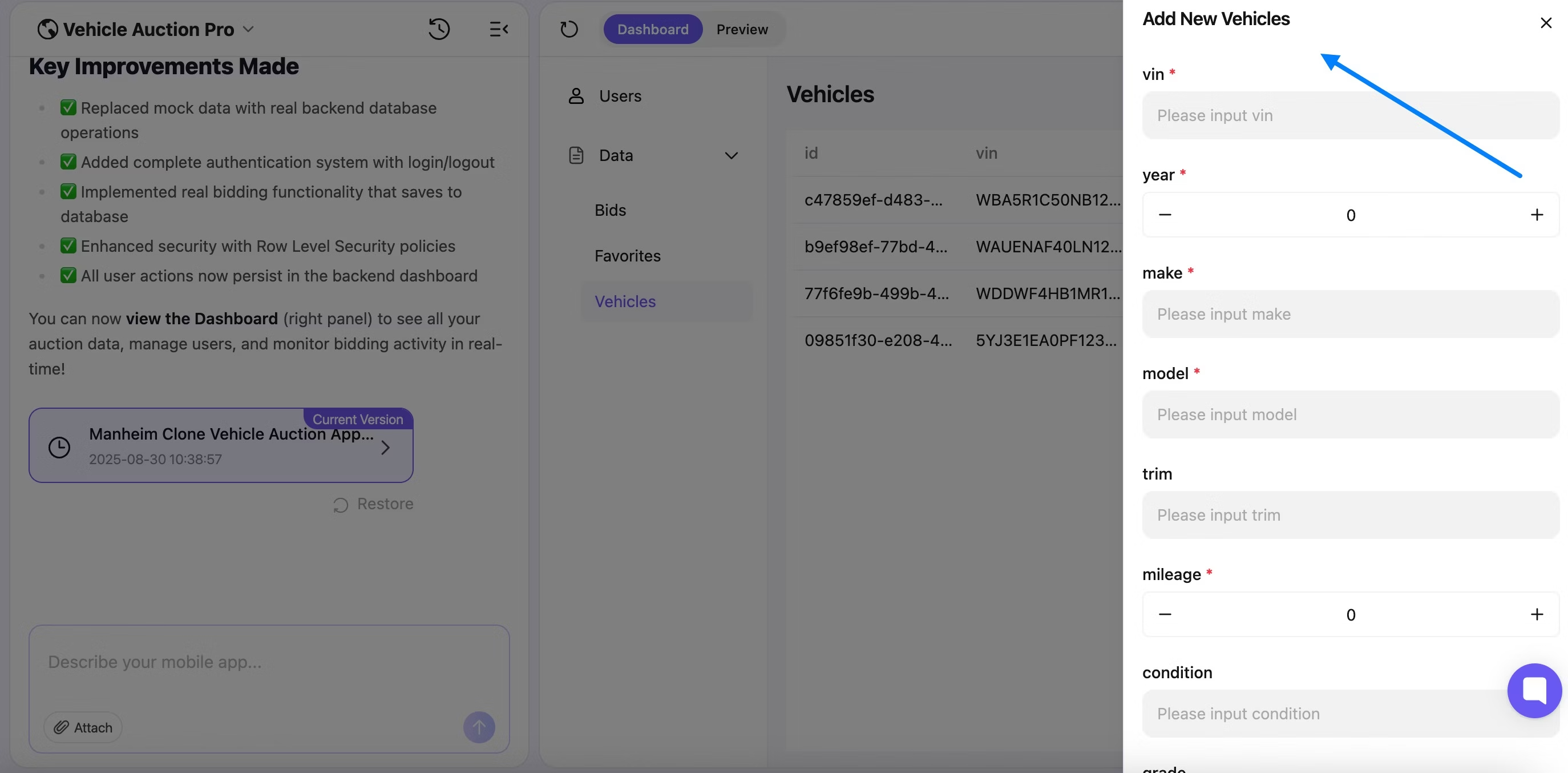 OnSpace.ai Add New Vehicle form showing field inputs