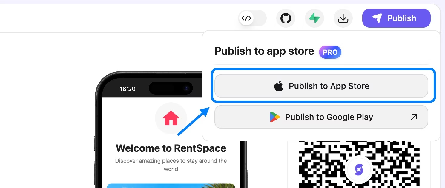 OnSpace publishing platform interface displaying two main options: Publish to App Store button for iOS deployment and Google Play Store option for Android distribution, with clear navigation and professional design within the OnSpace AI development environment