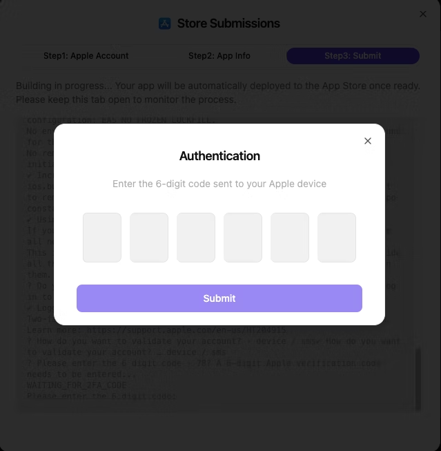 Apple Two-Factor Authentication security dialog interface showing six individual input fields for entering the 6-digit verification code with Submit button, providing secure authentication for iOS App Store publishing process through OnSpace AI's secure authentication system