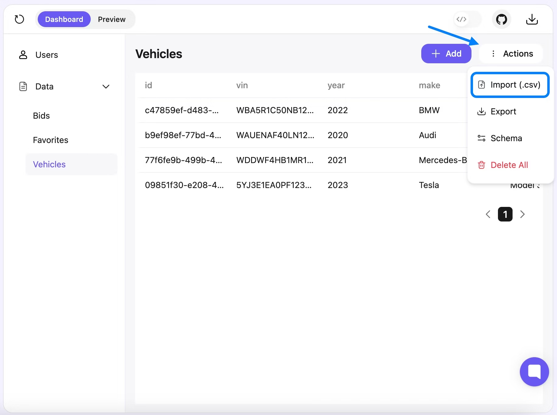 OnSpace.ai Actions menu showing Import (.csv) option