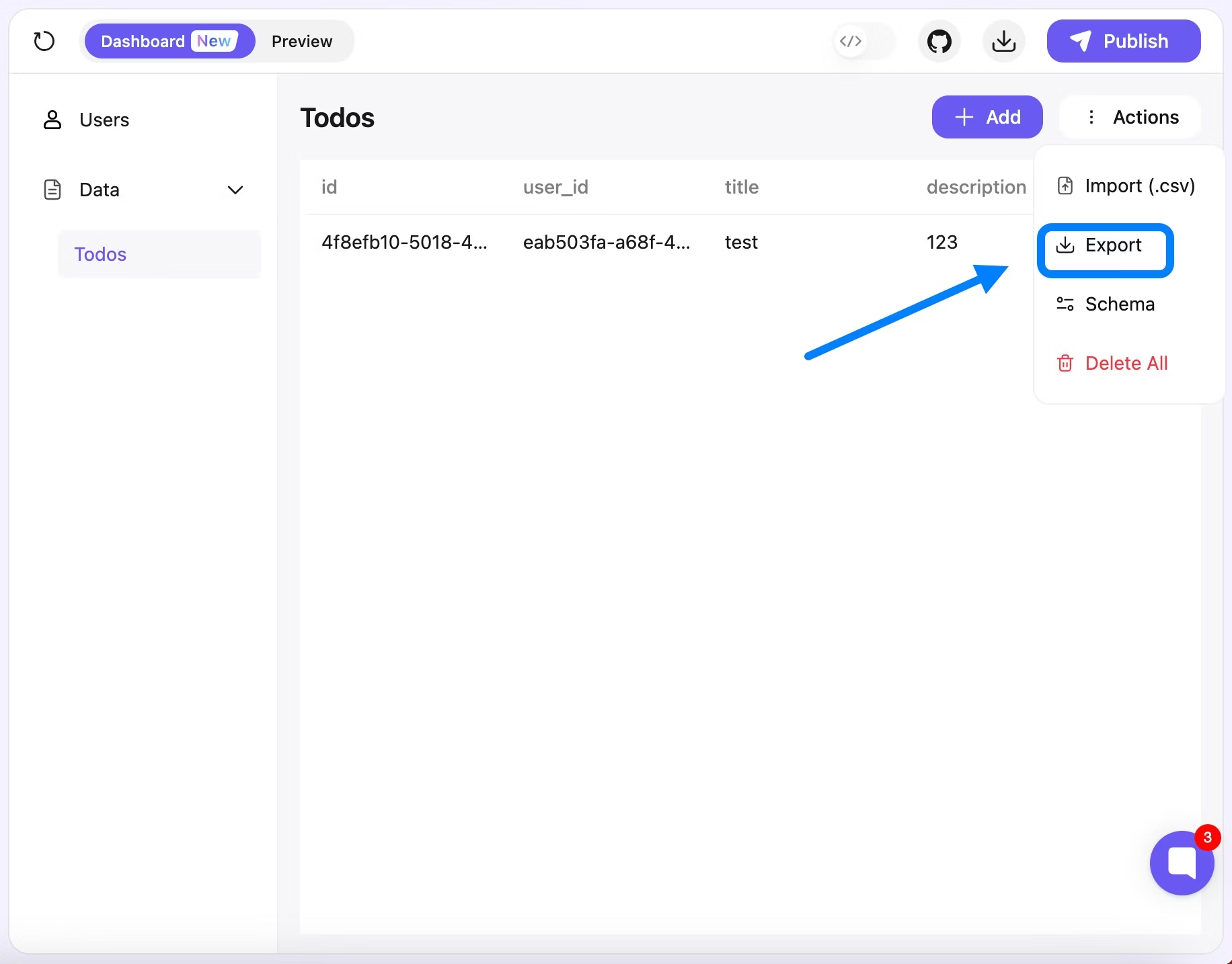 OnSpace.ai Export button highlighted in Actions menu for downloading CSV data
