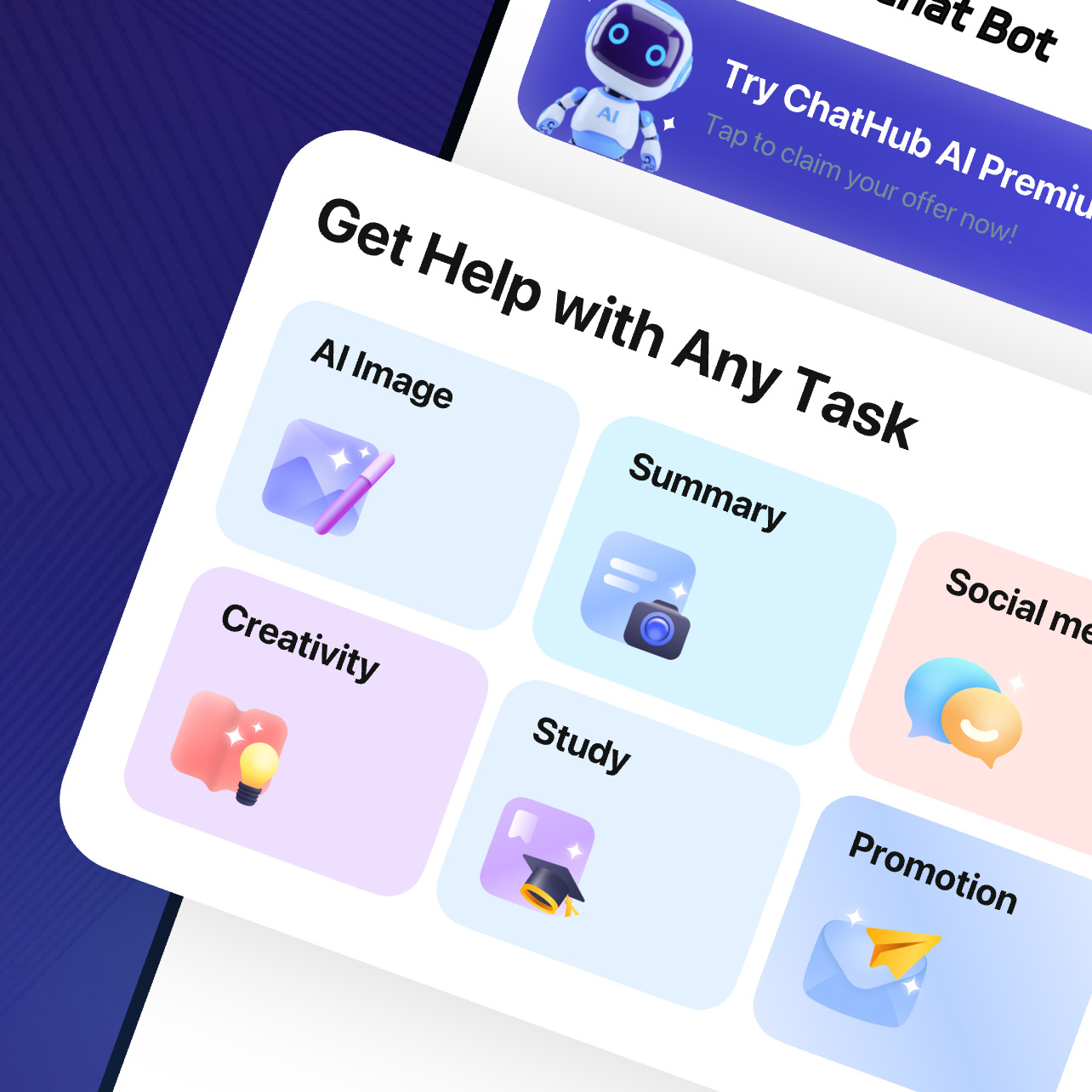 ChatHub AI multi-task interface showing AI Image, Creativity, Summary, Study, Social media, and Promotion features