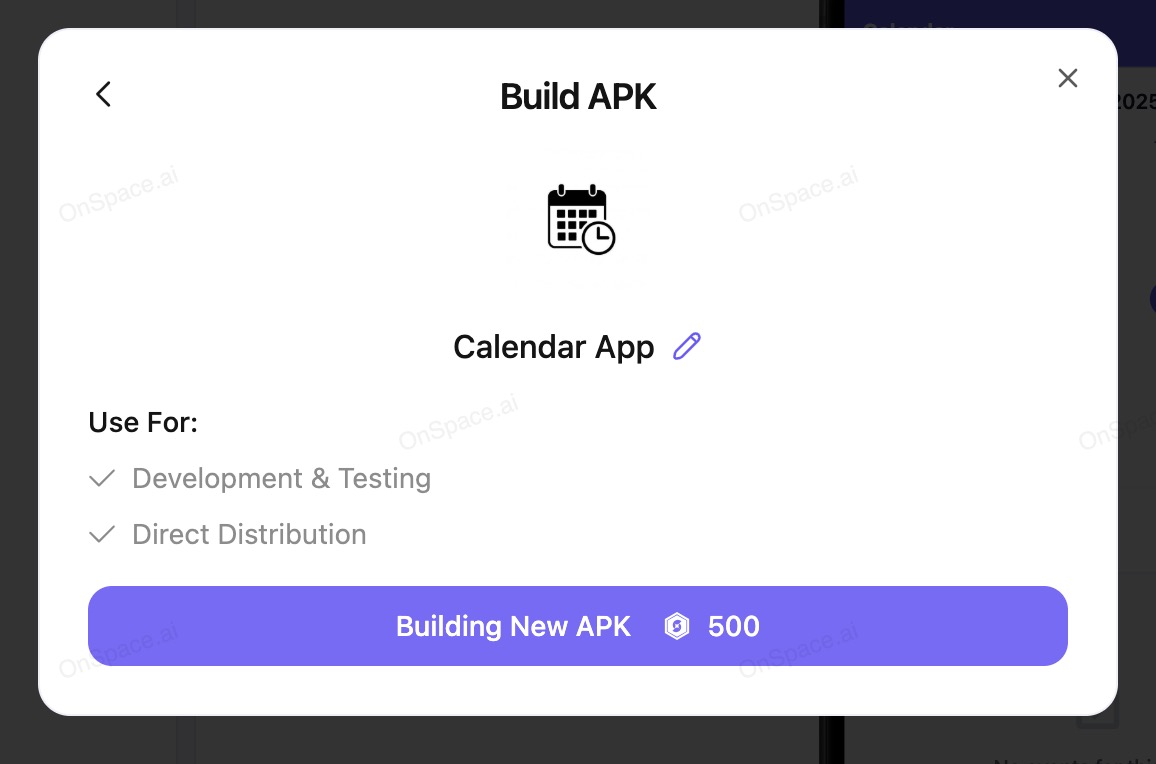 Build APK interface showing Calendar App with 500 credits cost