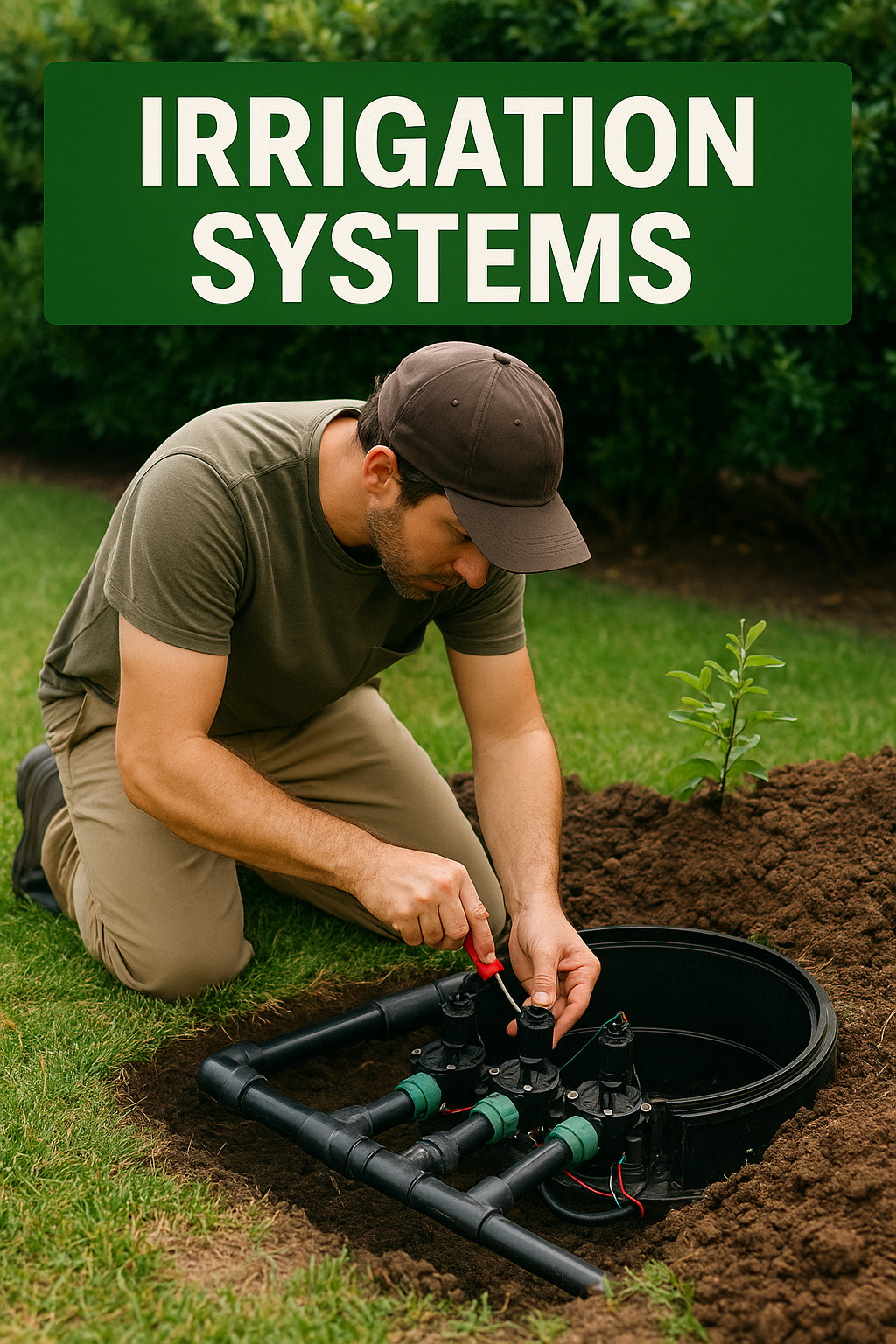 Professional installing irrigation system components and sprinkler heads