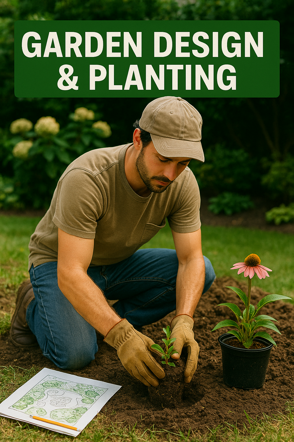 Professional landscape designer planting flowers and designing garden layout