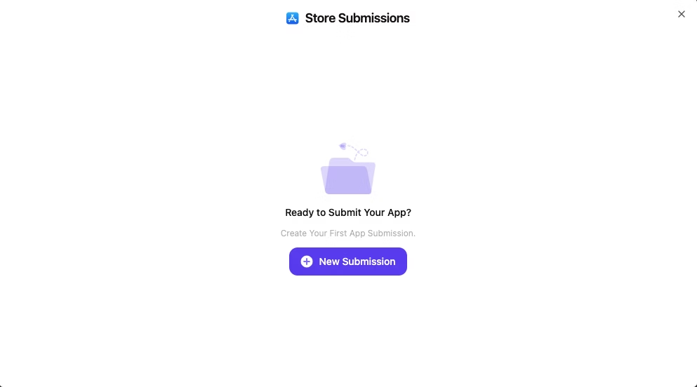 Store Submissions management dashboard showing the prominent blue New Submission button for first-time app publishers, with clean interface design for managing multiple iOS app submissions to the App Store through OnSpace AI's automated system
