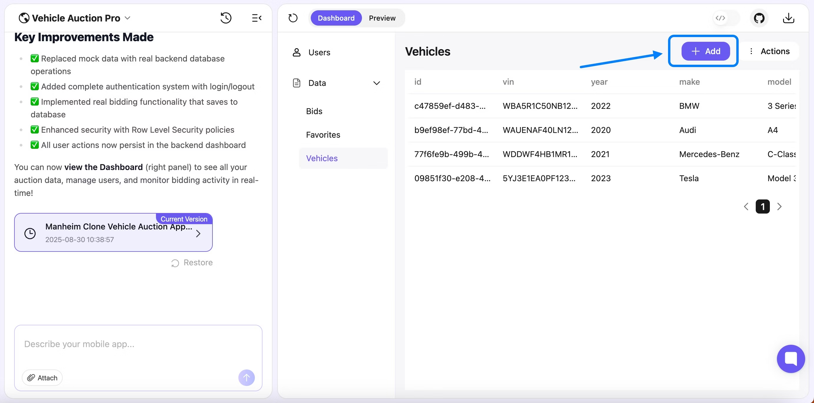OnSpace.ai Add button highlighted for creating new records