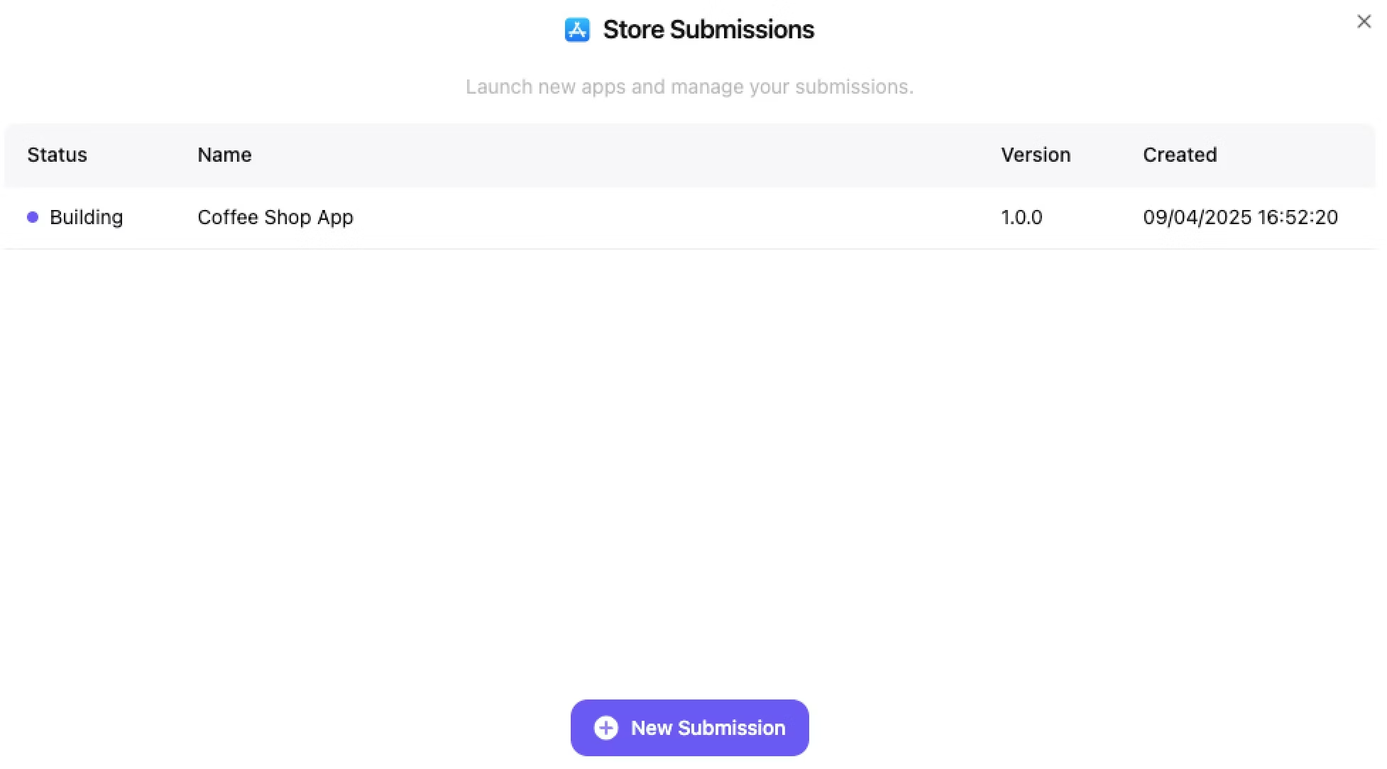 Store Submissions dashboard management interface showing comprehensive submission tracking with columns for Status, Name, Version, and Created date, featuring a Coffee Shop App with Building status, plus prominent New Submission button for launching additional projects through OnSpace AI's centralized publishing management system