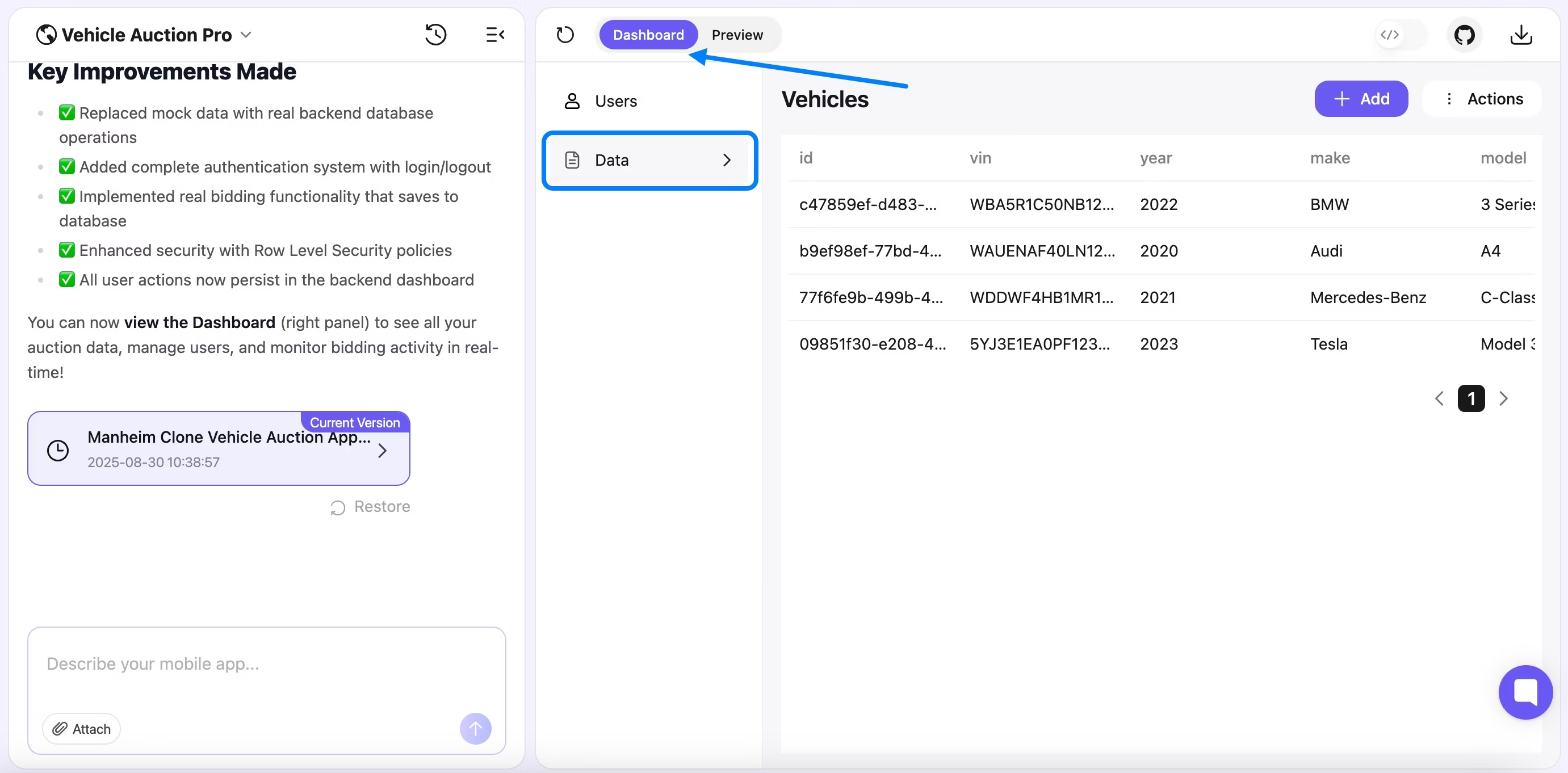 OnSpace.ai Dashboard showing Data tab navigation