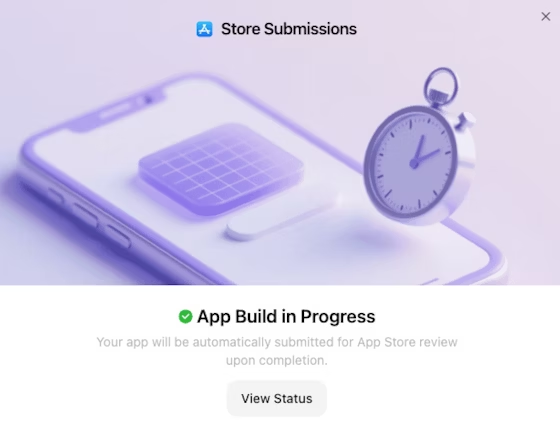 App Build in Progress success confirmation screen showing completion status with View Status button and automatic App Store submission notice, displaying the final step of the OnSpace AI iOS publishing workflow within the development platform dashboard