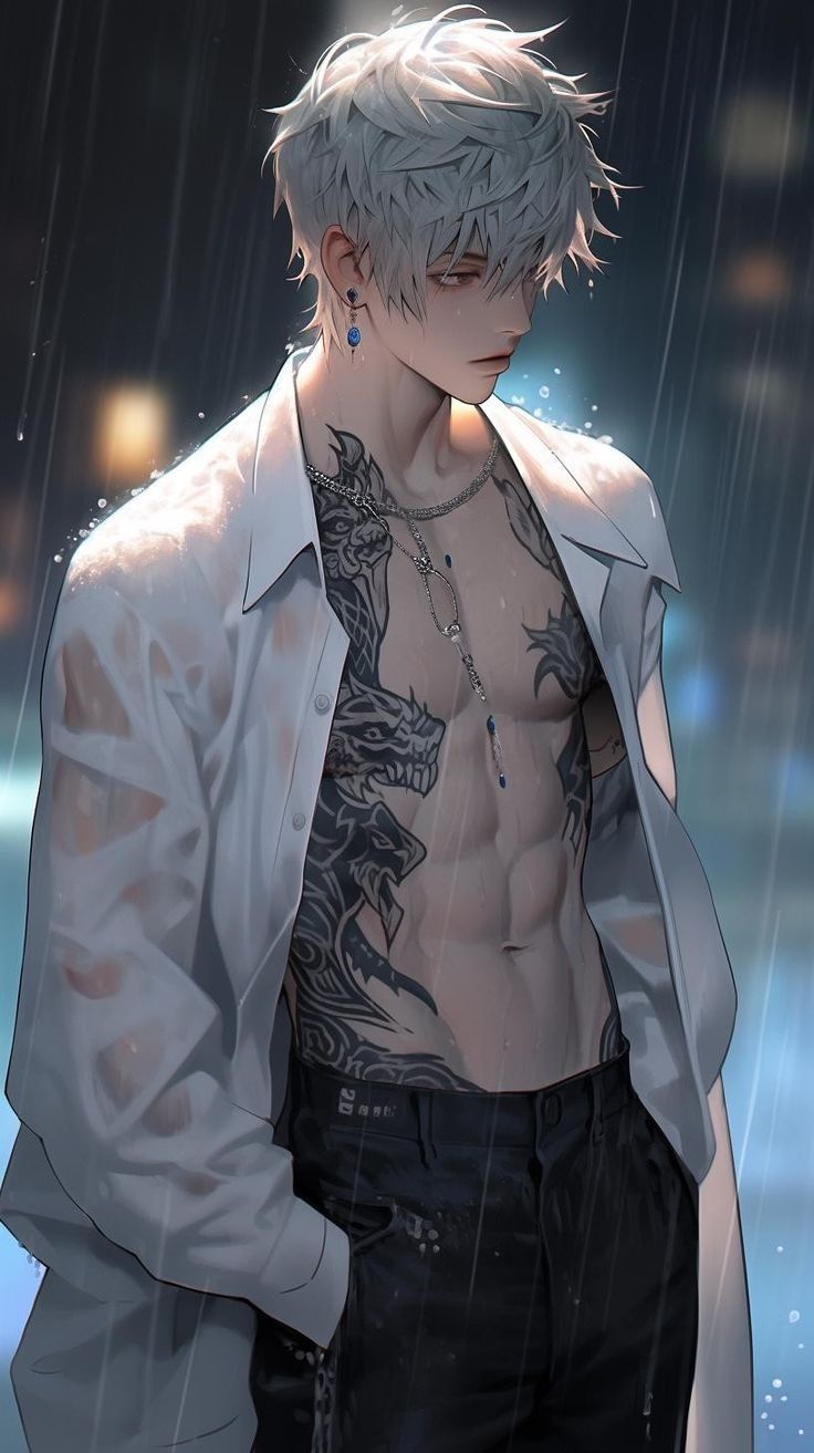 Mafia boss in white shirt with rain