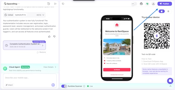 OnSpace AI project dashboard interface showing the blue Publish button prominently displayed next to a mobile app preview with clean, modern design for initiating the iOS App Store submission process within the development platform