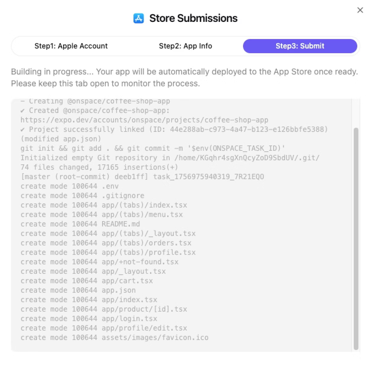 OnSpace real-time build progress console showing live compilation logs with automated deployment status updates, displaying successful project creation and building process for iOS App Store submission with real-time feedback through the OnSpace AI development platform