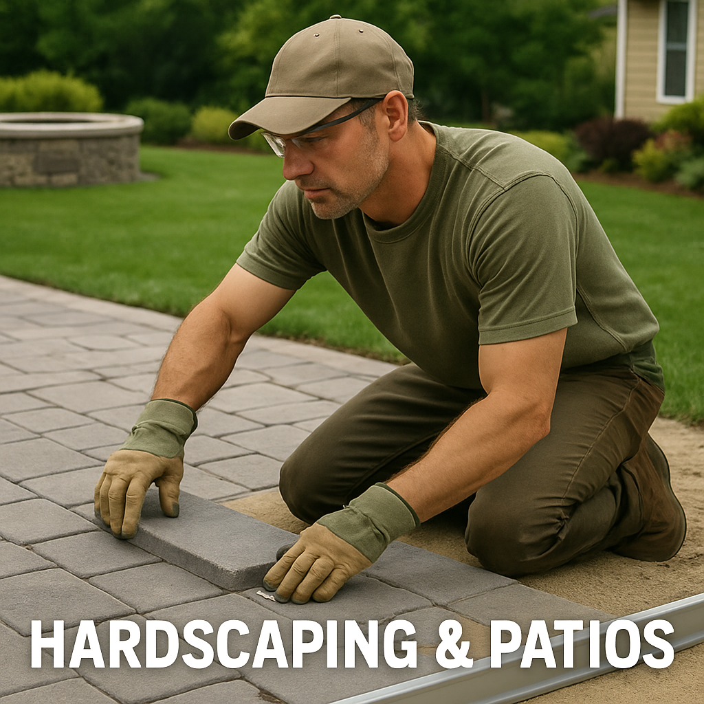 Professional landscaper installing patio pavers and hardscaping