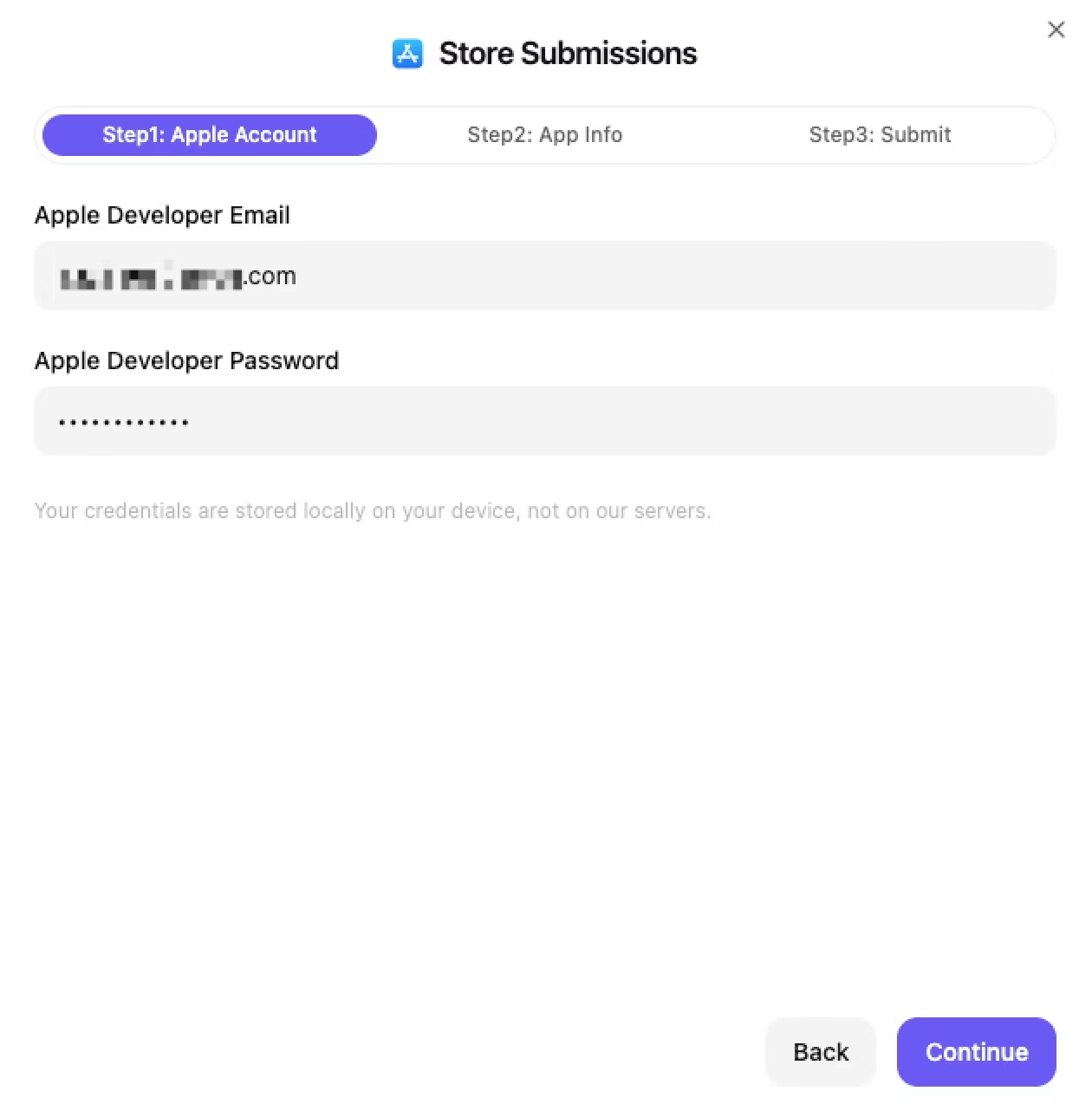 Apple Developer credentials secure input form showing email and password fields with privacy protection notice, emphasizing local-only storage and enterprise-grade security for iOS app publishing authentication through OnSpace AI's secure system