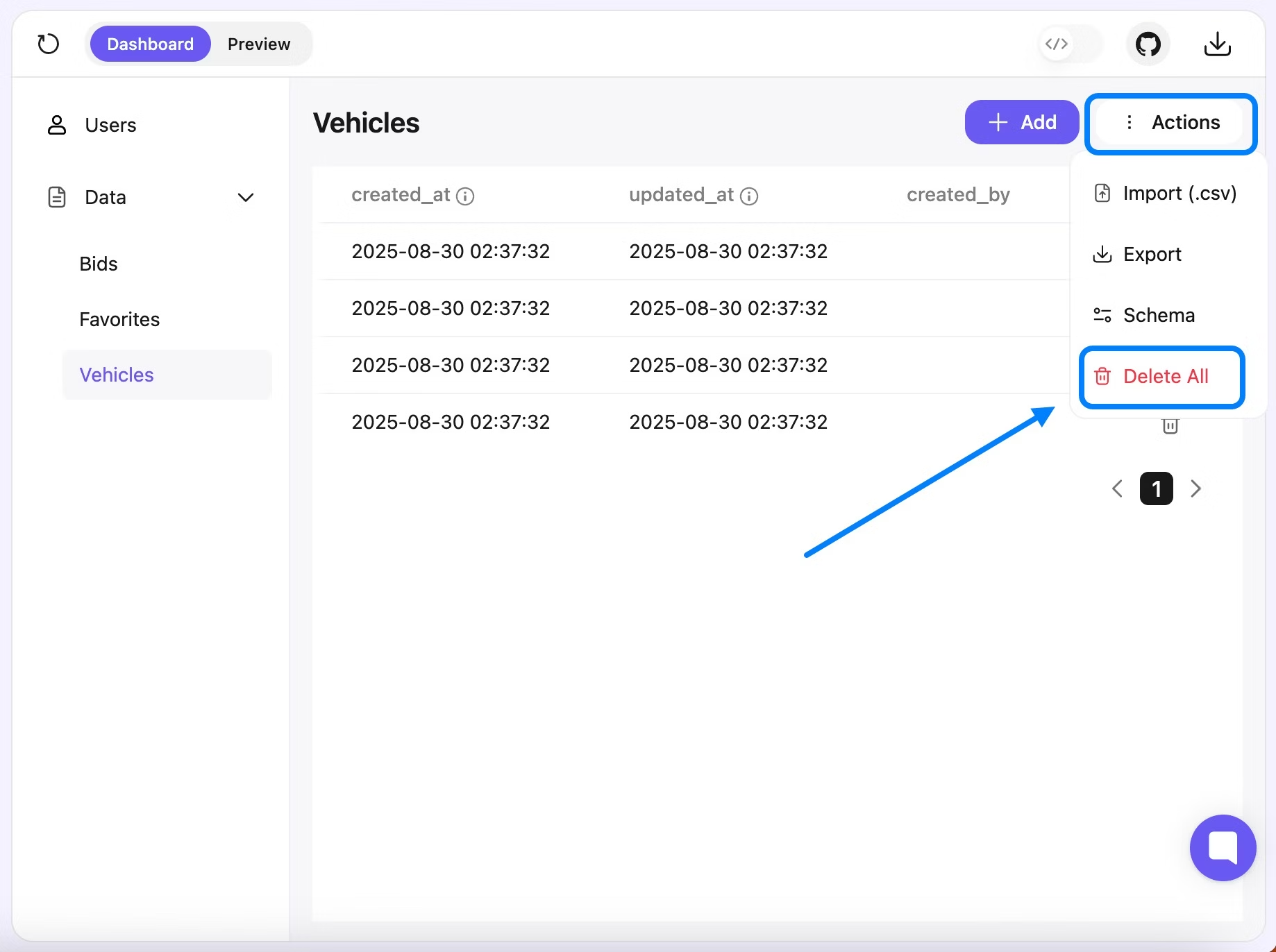 OnSpace.ai Actions menu showing Delete All option highlighted