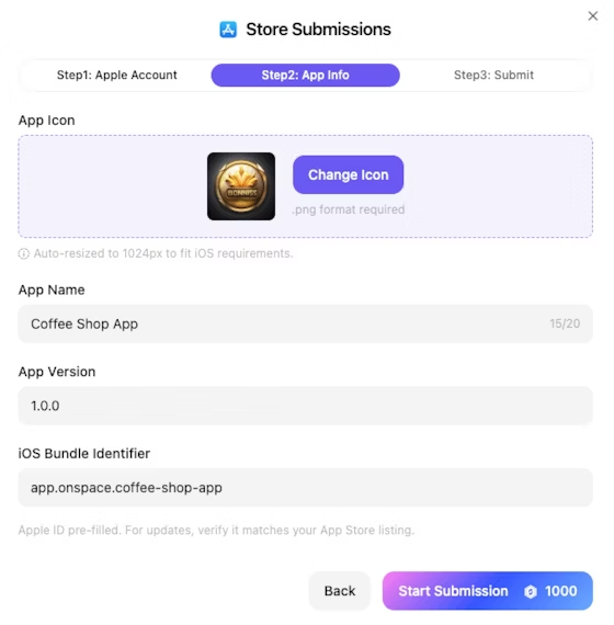 iOS app configuration form interface showing required fields: app icon upload area for PNG files, app name text input, version number specification, and auto-generated bundle identifier system for streamlined App Store submission setup through OnSpace AI's automated publishing feature