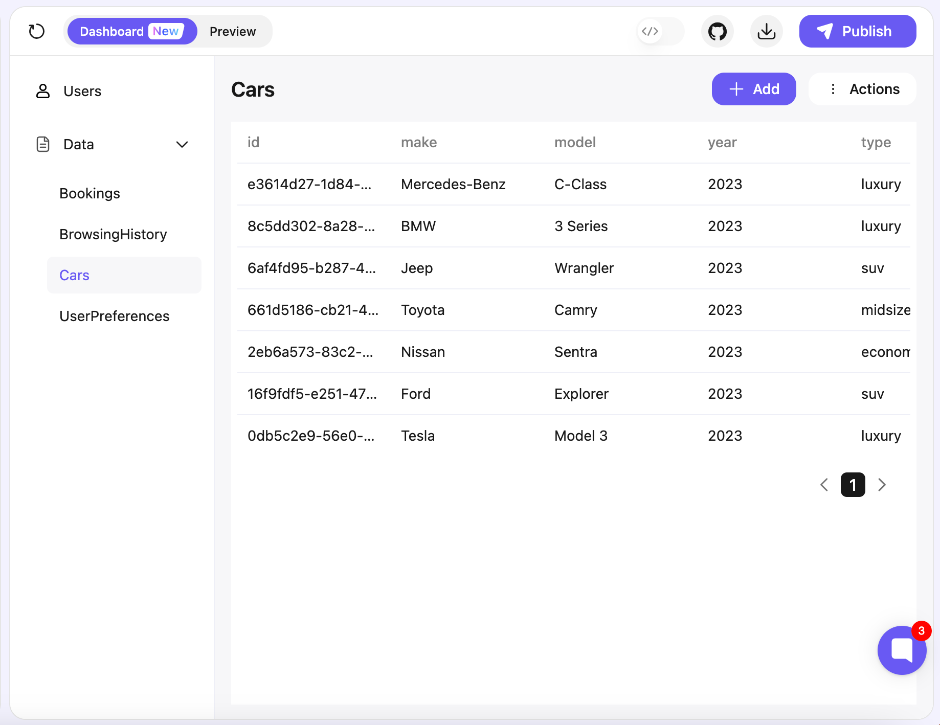 OnSpace Dashboard - Cars Database Table showing vehicle inventory