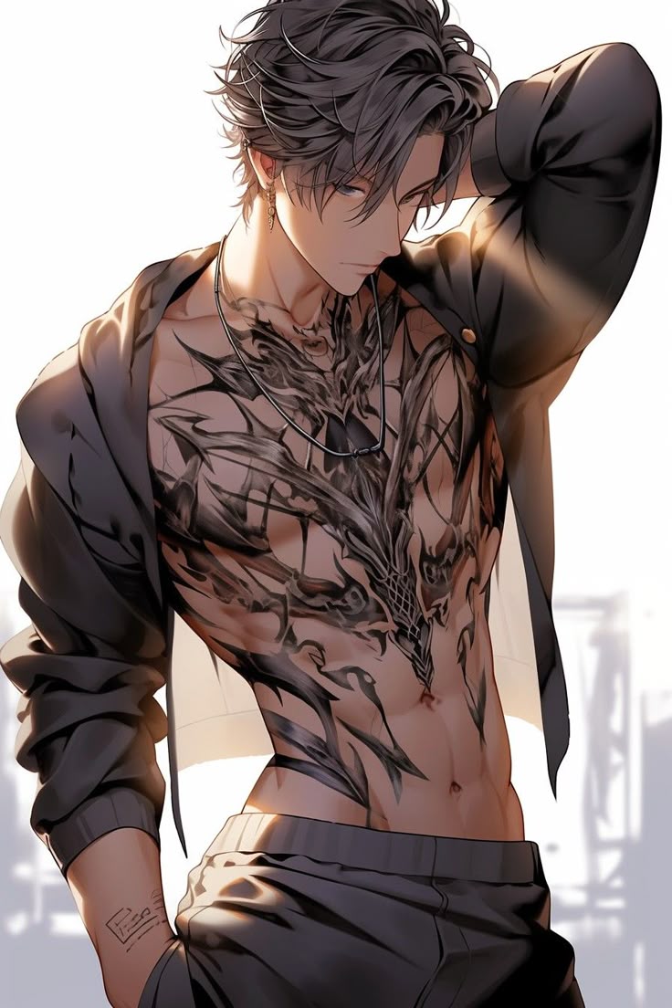Mafia boss with dark hair and torn shirt