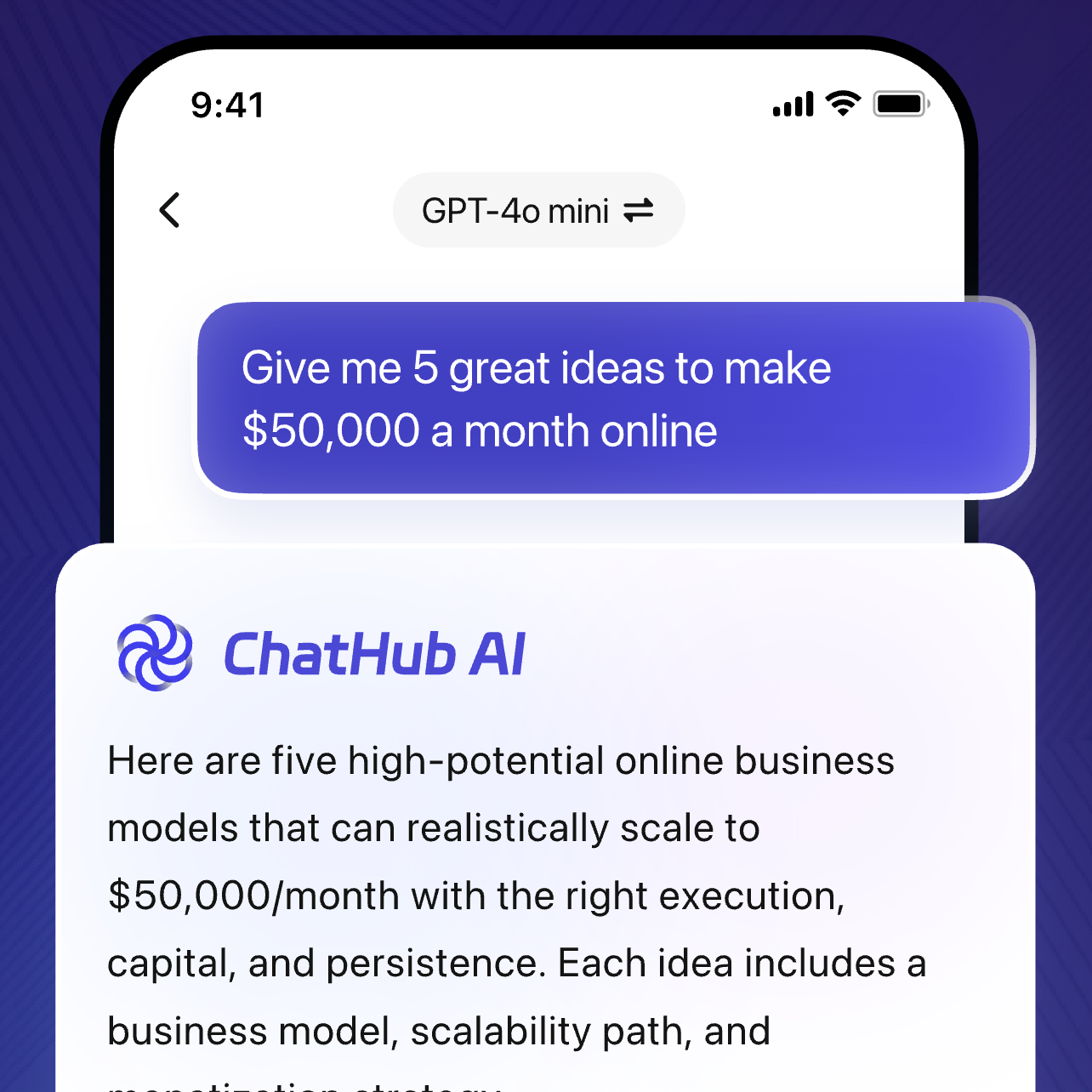 ChatHub AI chat interface with GPT-4o mini providing detailed business advice and natural conversation