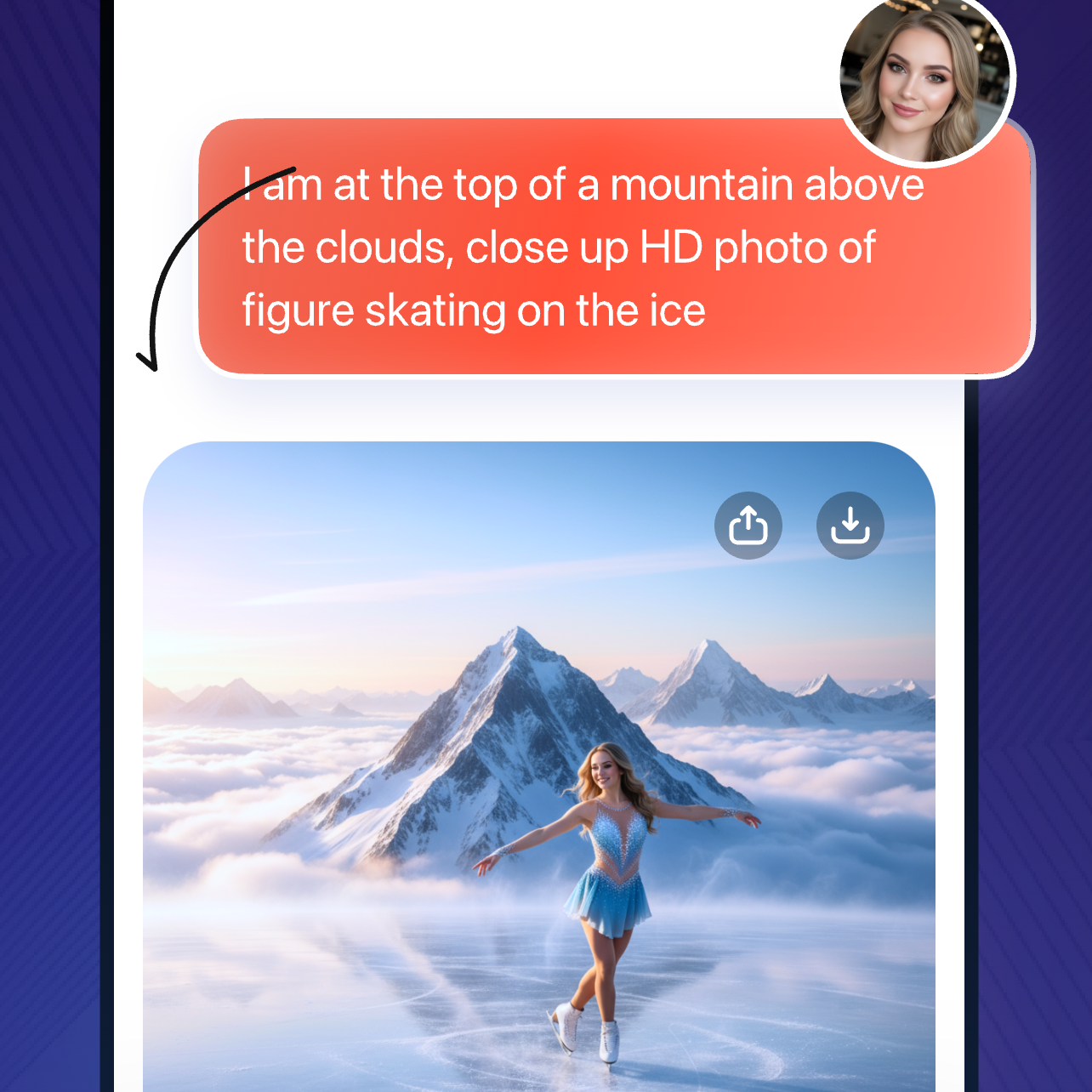 ChatHub AI image generation feature creating stunning mountain landscape with figure skating scene from text prompt