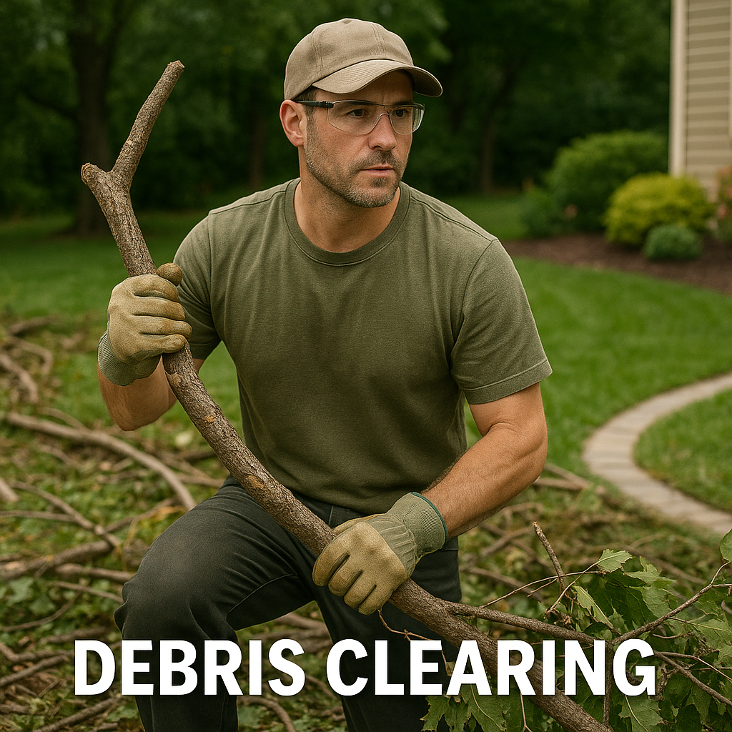 Professional landscaper clearing debris and branches from yard