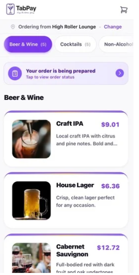TabPay guest app — Beer & Wine menu