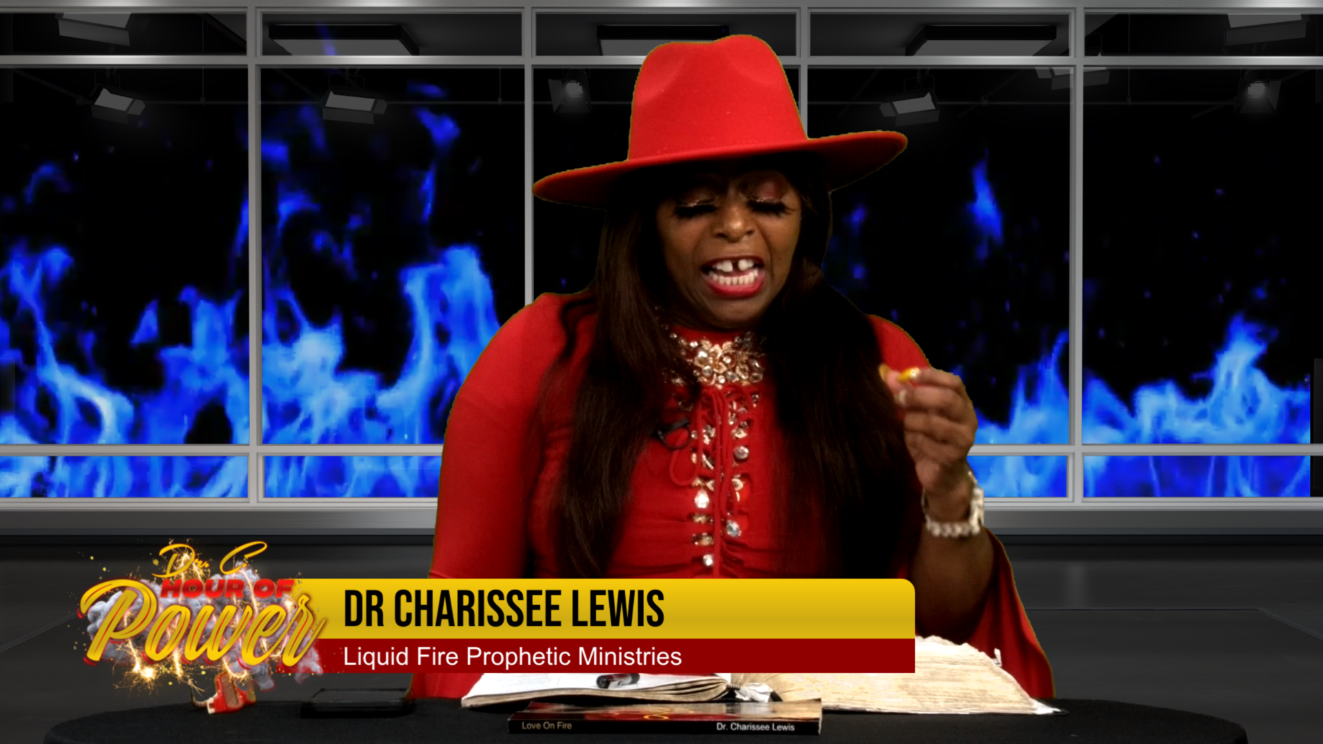 Hour of Power show — Dr. Charissee Lewis of Liquid Fire Prophetic Ministries featured with professional lower-thirds and chroma key virtual set, produced by Blazing Blaine