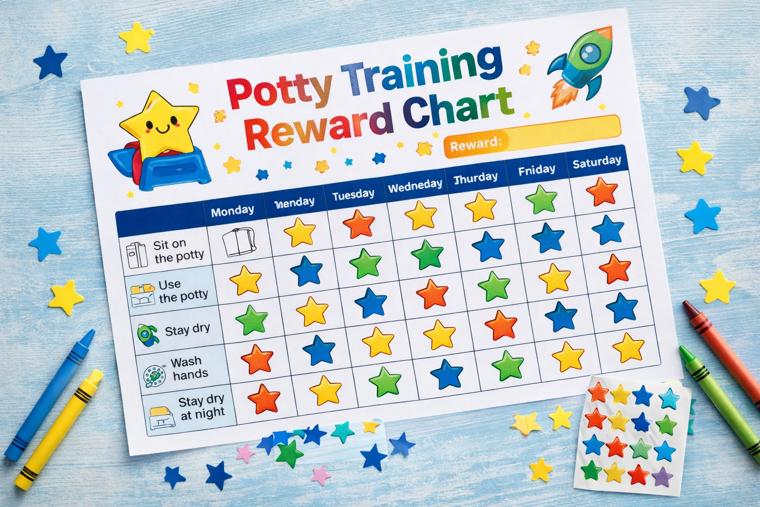 Colorful potty training reward chart with star stickers, weekly tracking grid, and activities including sit on potty, use the potty, stay dry, wash hands, and nighttime dryness