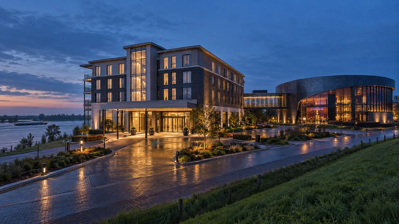 Redactionele sfeerimpressie van een rivierhotel met verbonden entertainmentvleugel; niet de werkelijke locatie.