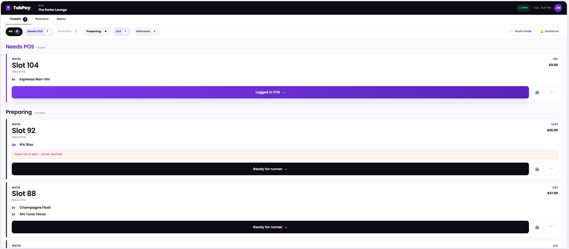 TabPay operator tickets queue — live order flow showing Needs POS, Preparing, Out, and Delivered stages with exception handling