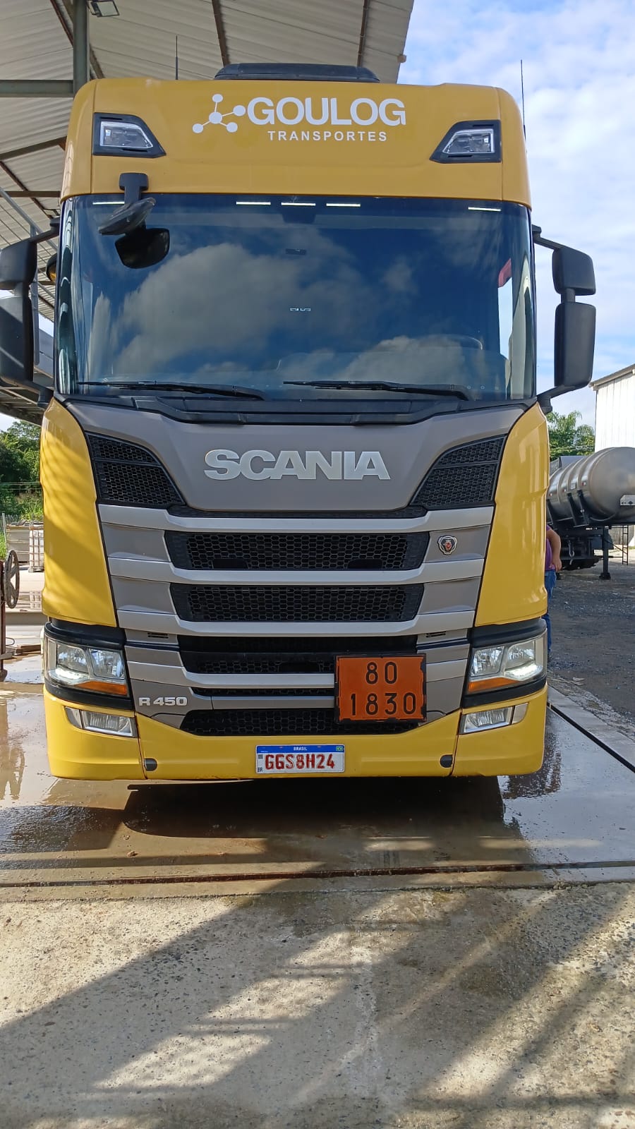 Scania R450 GOULOG amarela - vista frontal