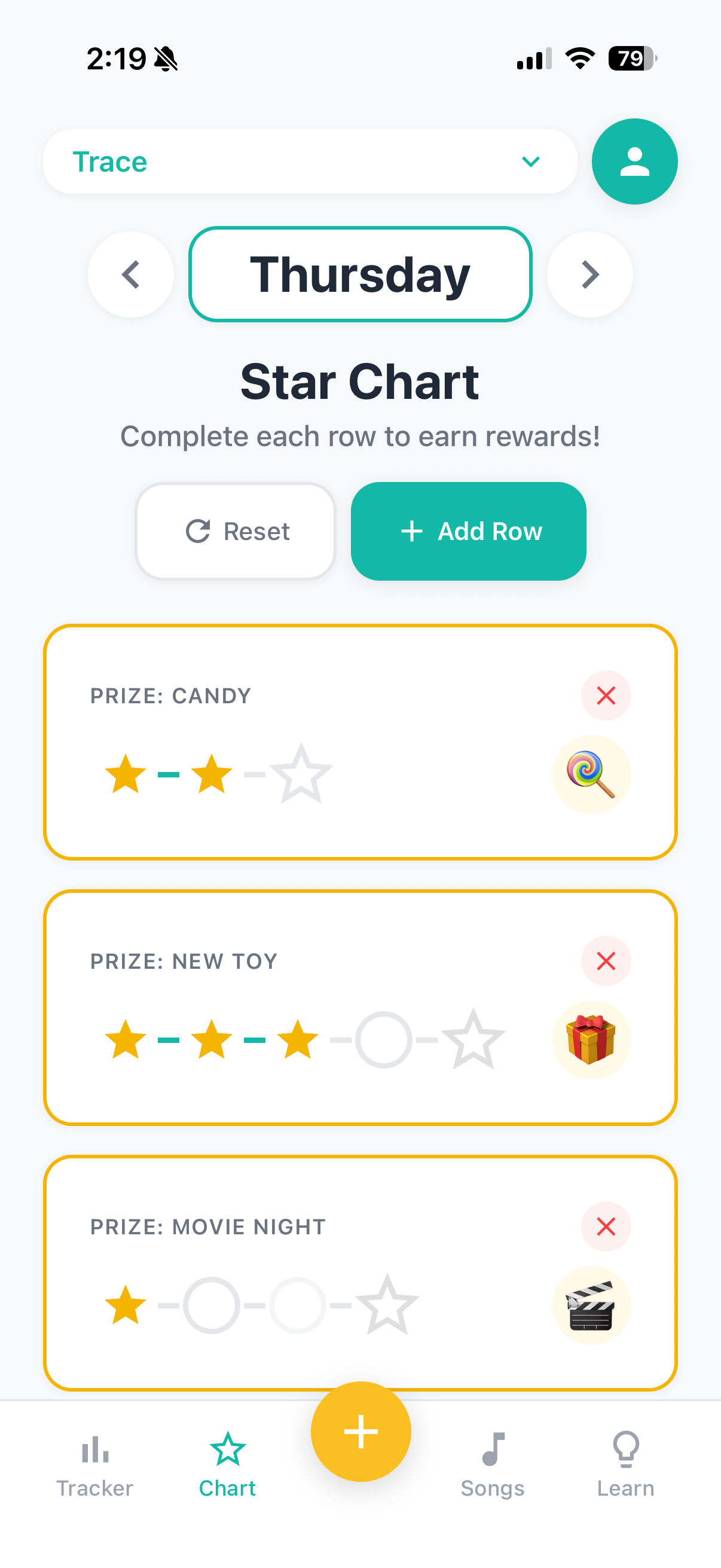 Star Chart - Earn rewards by completing daily rows with prizes like candy, new toys, and movie nights