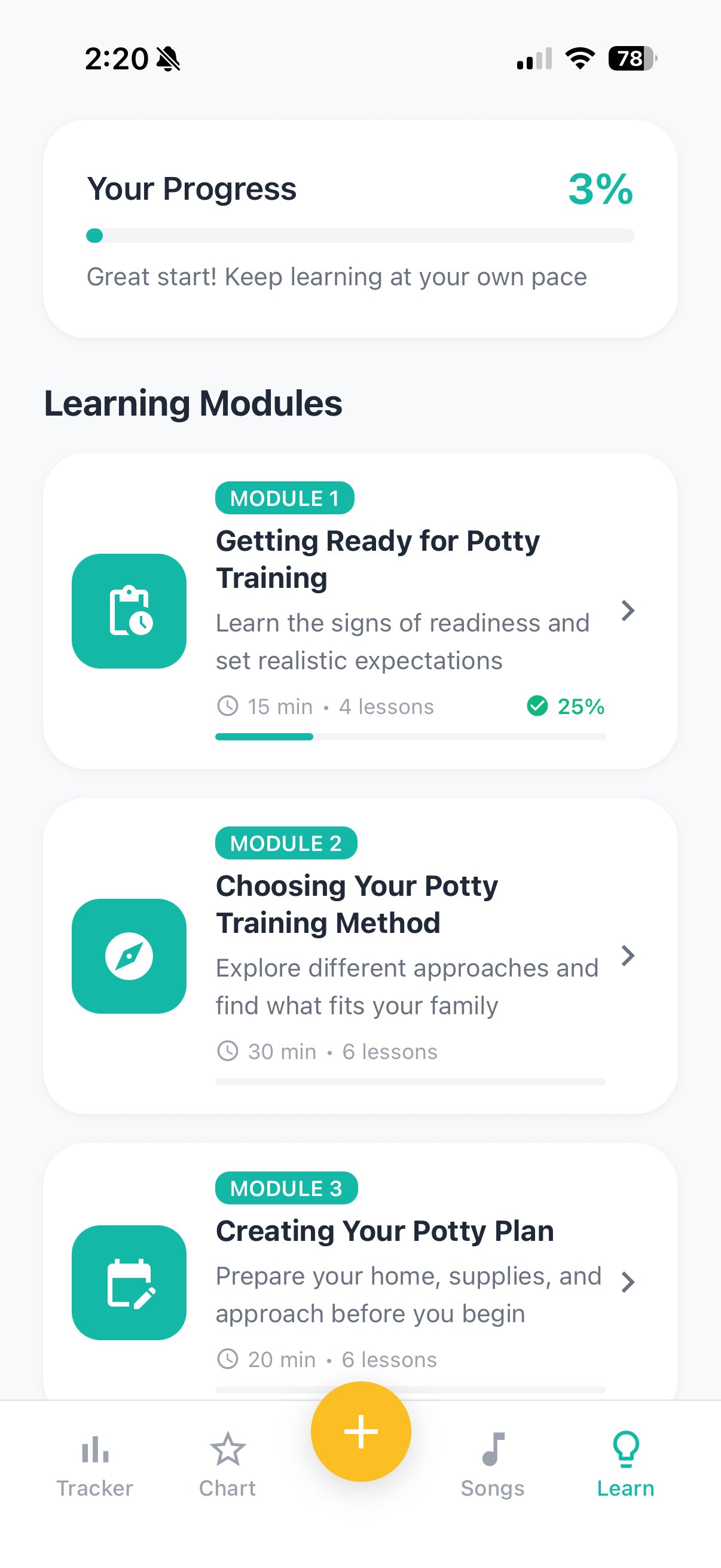 Learning Modules - Progress at 3% with modules including 'Getting Ready for Potty Training', 'Choosing Your Potty Training Method', and 'Creating Your Potty Plan'