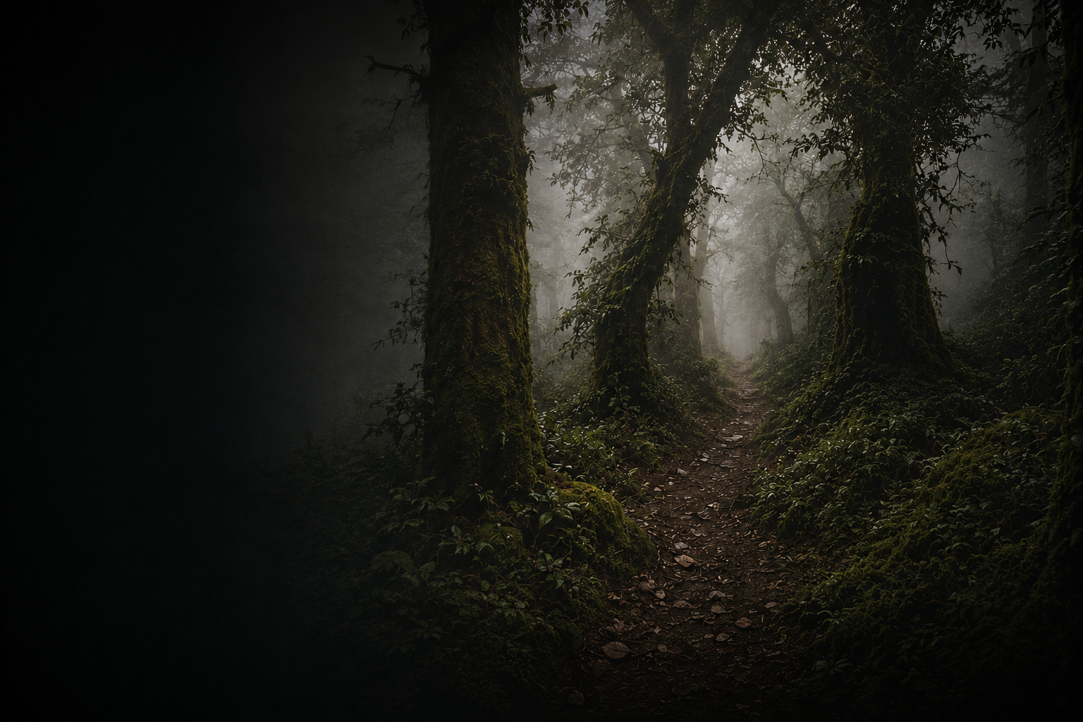 Misty ancient forest path — the world Trailerfade protects