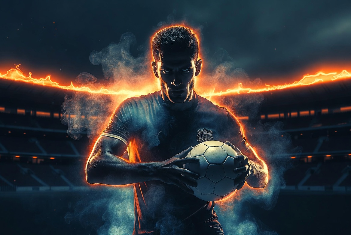 Football player with fiery orange glow holding a ball in a dramatic stadium setting