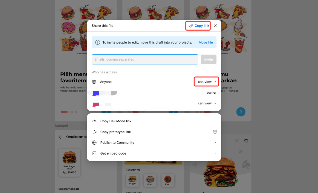 Figma sharing dialog with copy link option highlighted