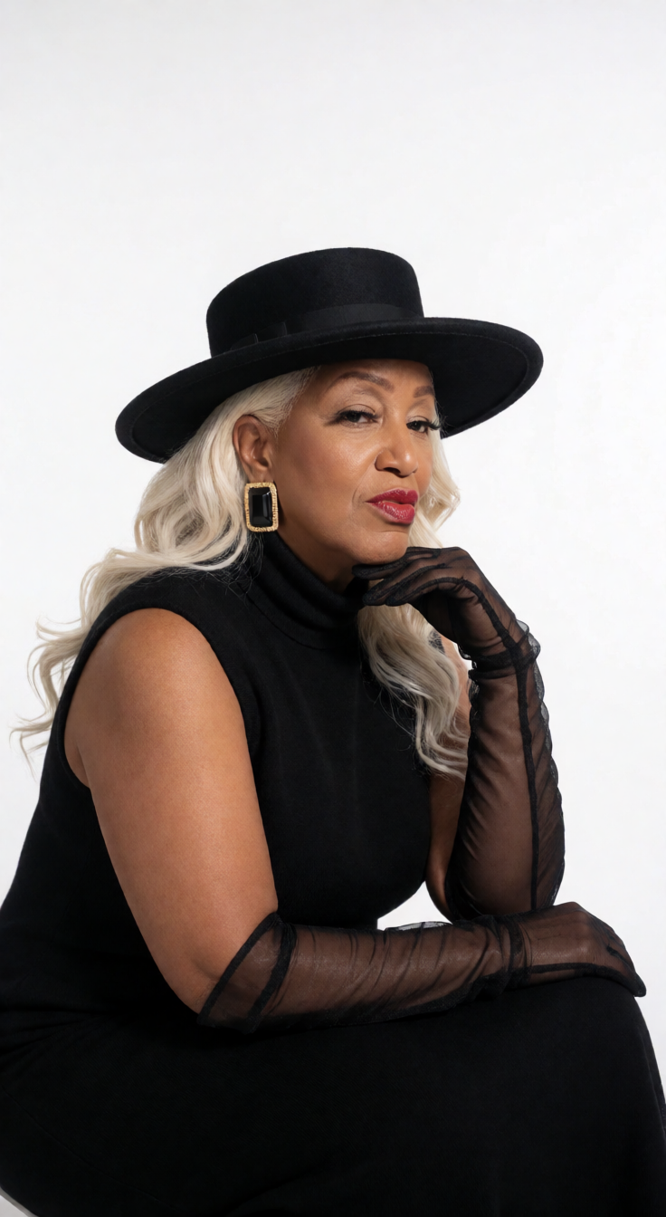Dr. Sunshine Lewis — elegant portrait in black hat and sheer gloves