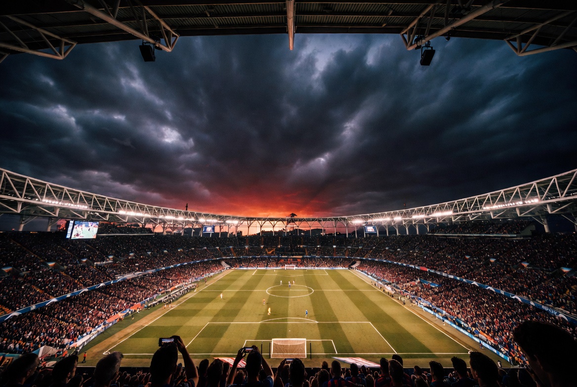 Barcelona vs Bayern Munich — stadium under dramatic stormy sunset sky