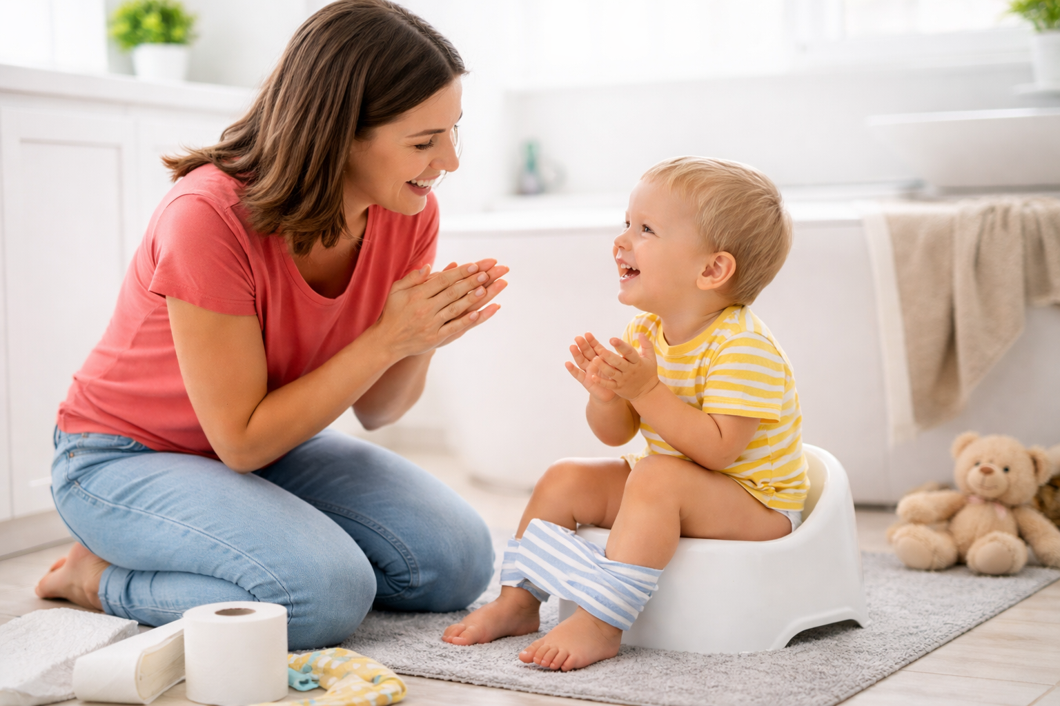 Happy parent celebrating with toddler on potty during 3-day potty training method