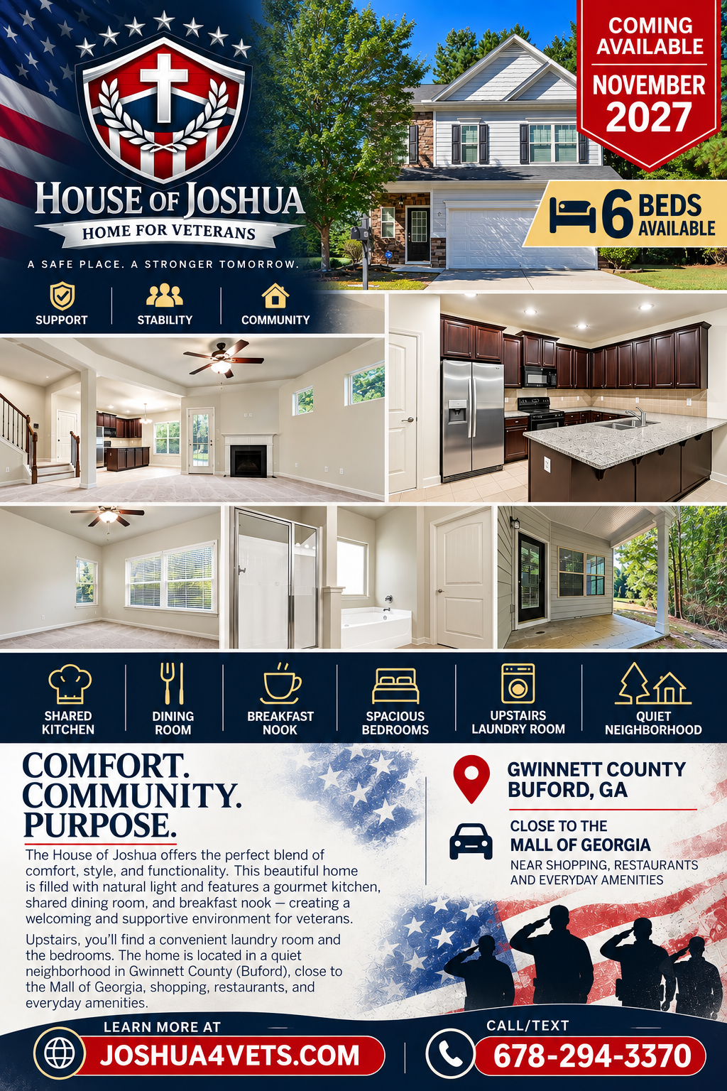 House of Joshua Buford Georgia property flyer — 6-bedroom home near Mall of Georgia with gourmet kitchen, dining room, breakfast nook, spacious bedrooms, and upstairs laundry room