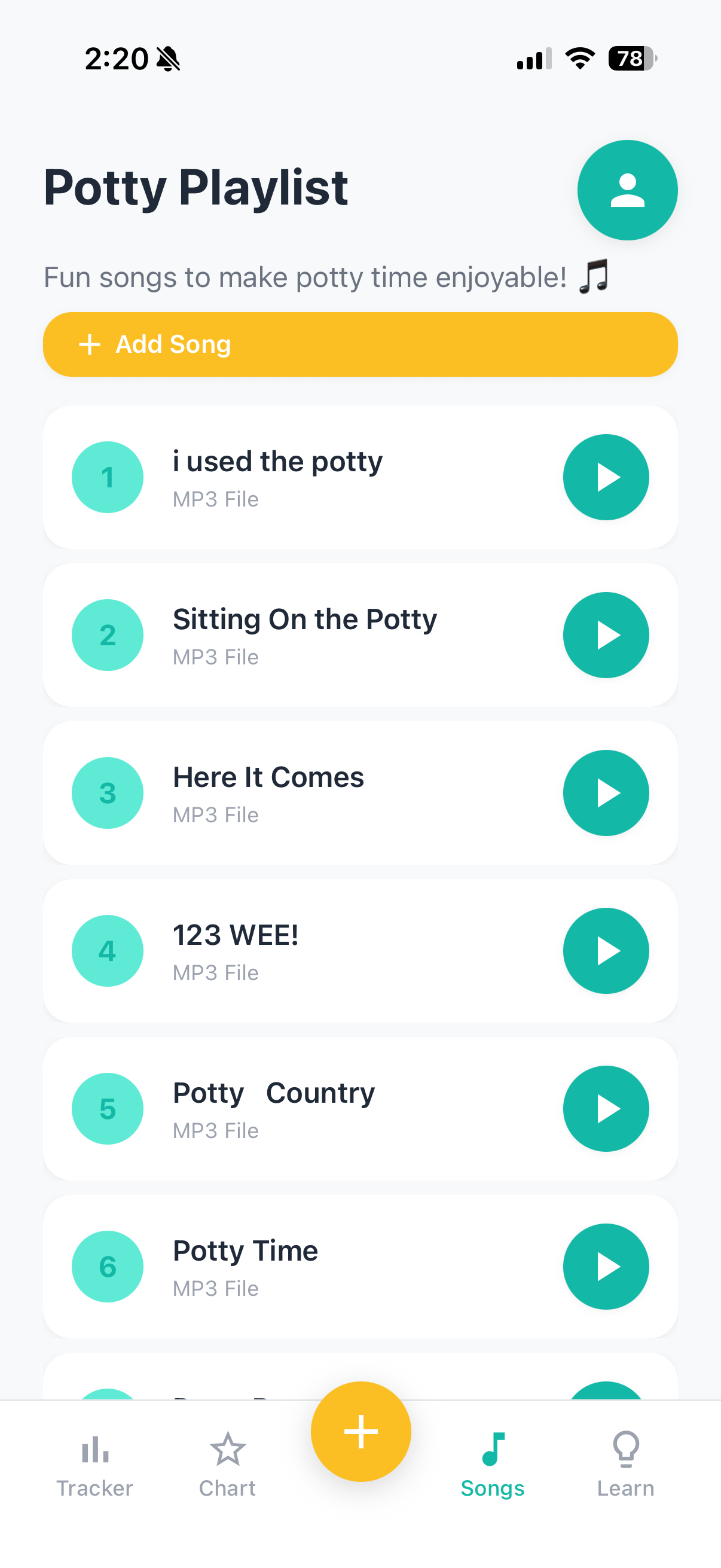 Potty Playlist - Fun songs library including 'i used the potty', 'Sitting On the Potty', 'Here It Comes', '123 WEE!', 'Potty Country', and 'Potty Time'