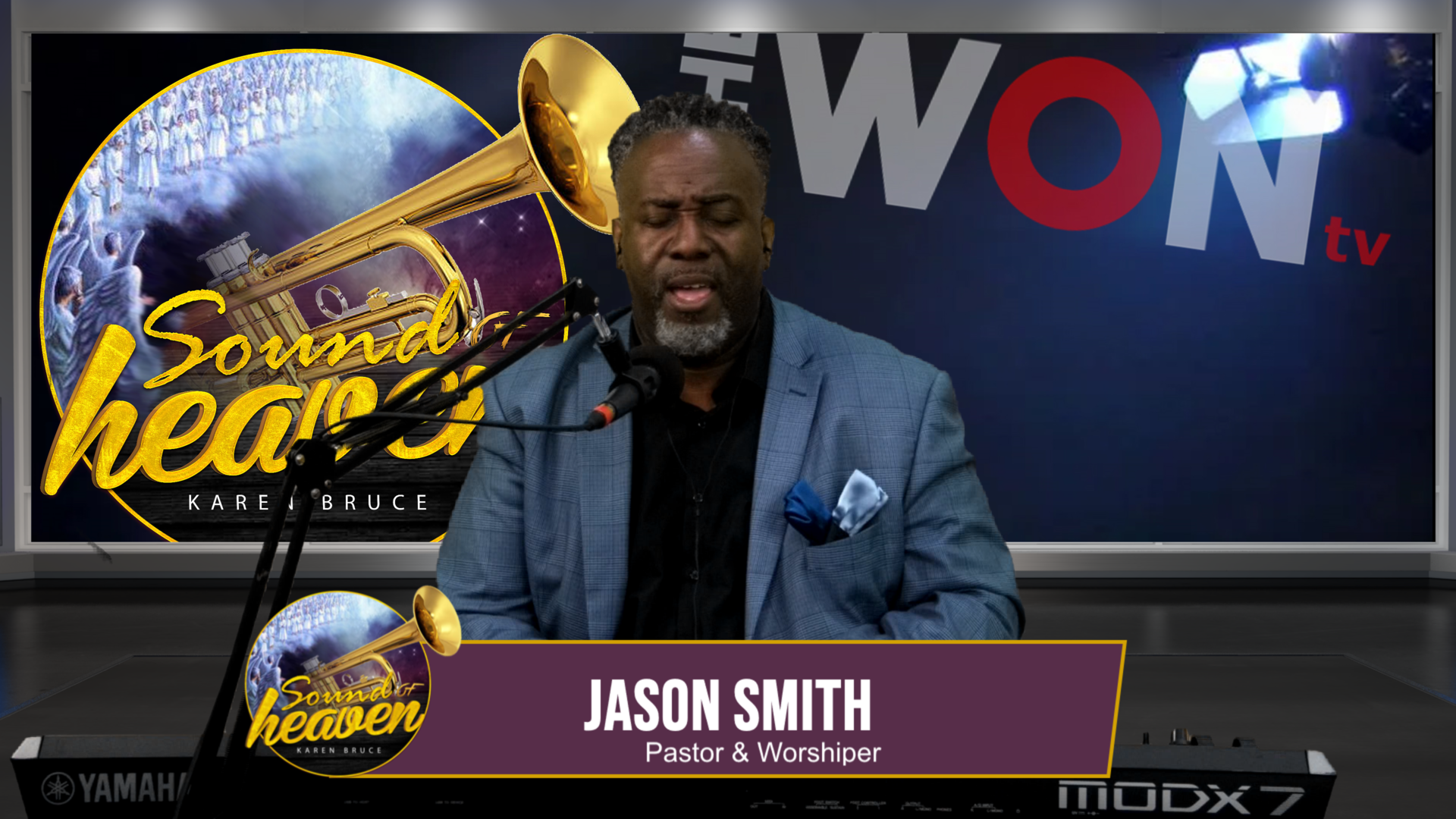 The WON TV broadcast — Pastor and Worshiper Jason Smith featured on Sound of Heaven show with professional lower-thirds, branded screen, and live worship setup, produced by Blazing Blaine