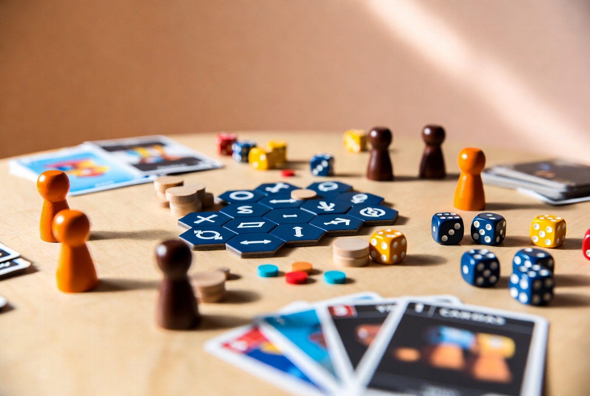 Board game components spread on a table — colorful meeples, dice, hex tiles and cards