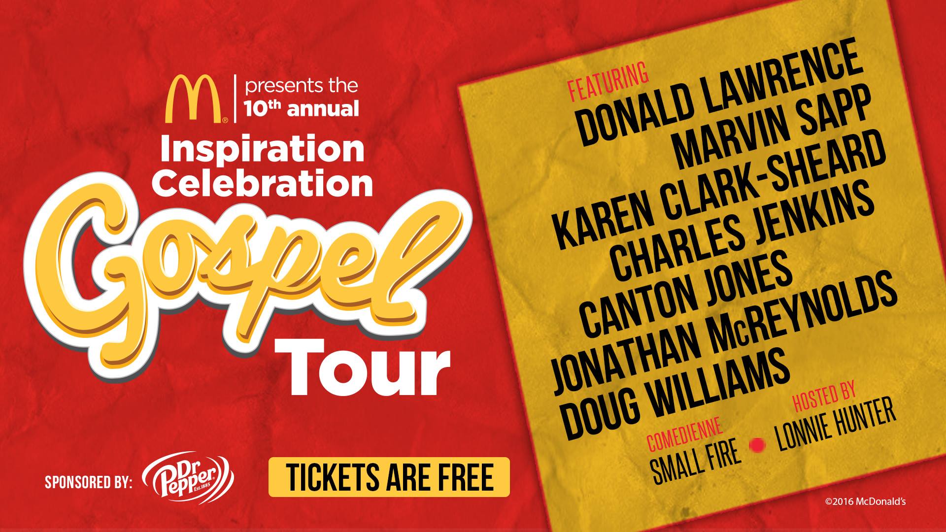 McDonald's 10th Annual Inspiration Celebration Gospel Tour flyer — featuring Donald Lawrence, Marvin Sapp, Karen Clark-Sheard and more