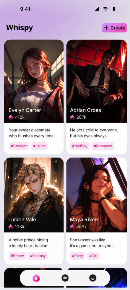 Whispy AI – Character home screen