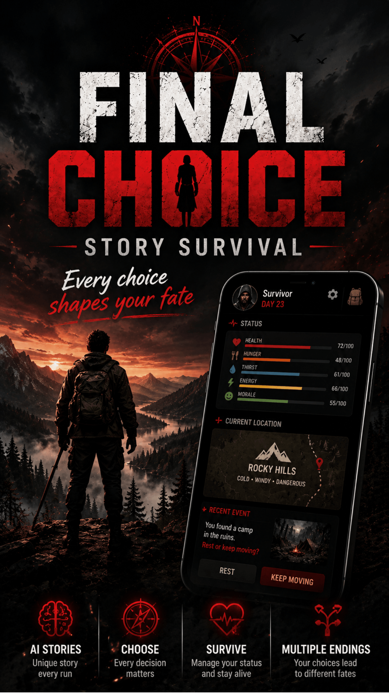 Final Choice: Story Survival – promotional cover showing a survivor overlooking a dramatic mountain landscape at dusk, with game UI mockup