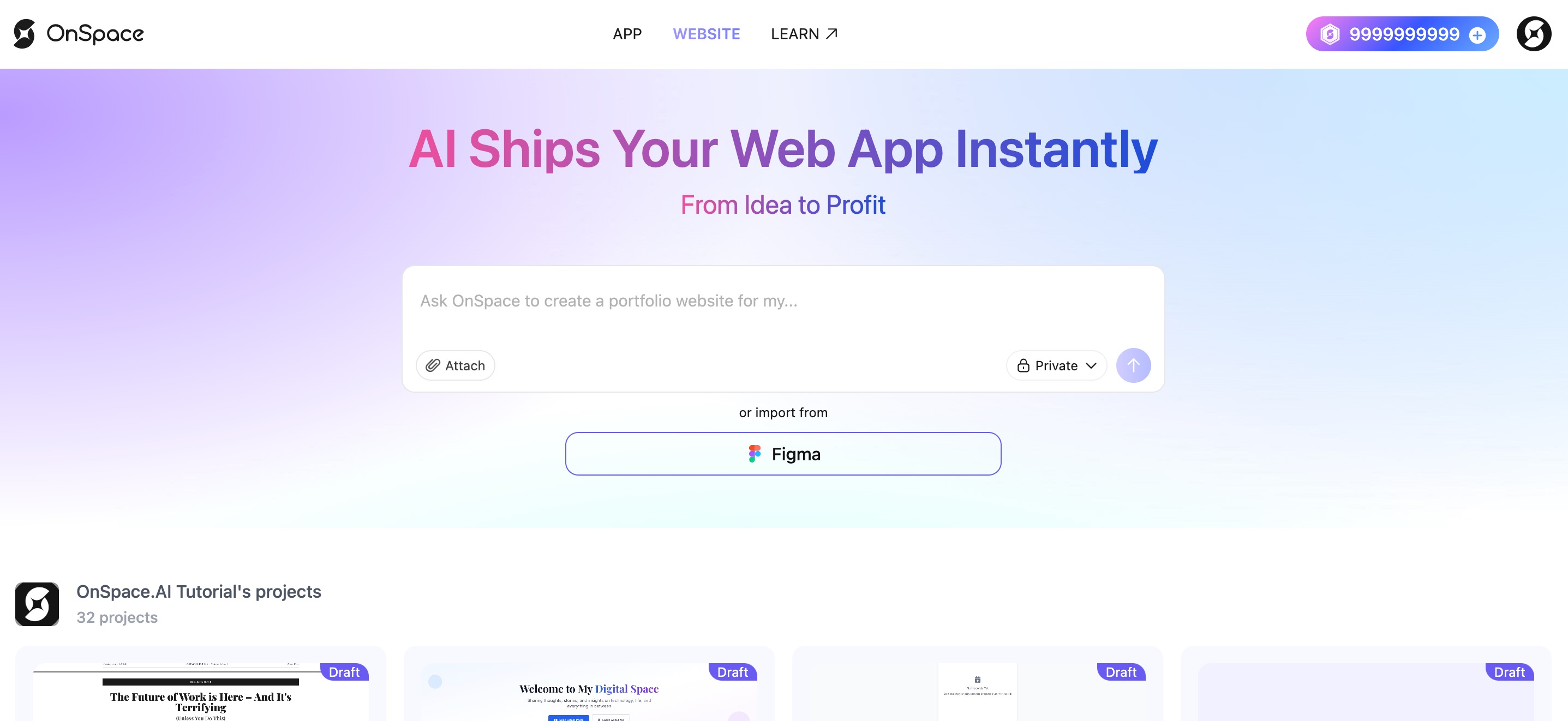 OnSpace interface showing Figma import button in chat area